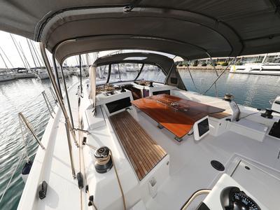 Deck of Polar Flow, a Dufour 470 sailboat at Primošten, Croatia