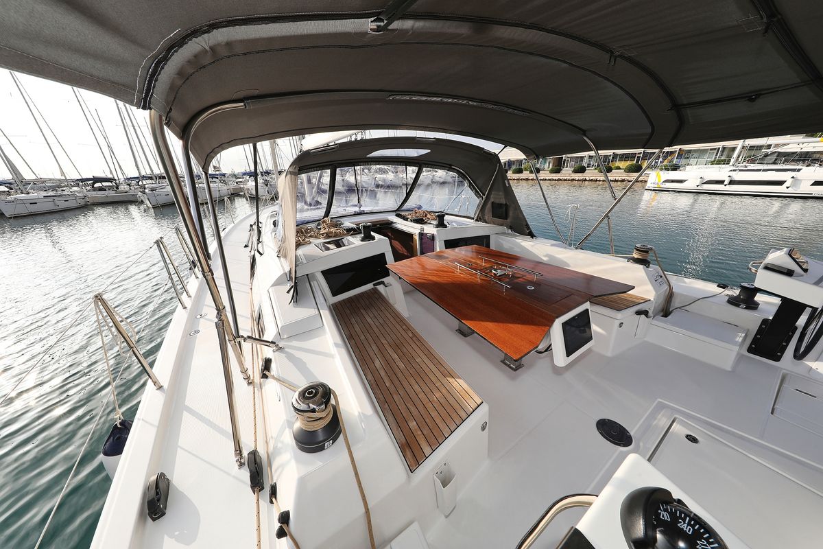 Deck of Polar Flow, a Dufour 470 sailboat at Primošten, Croatia