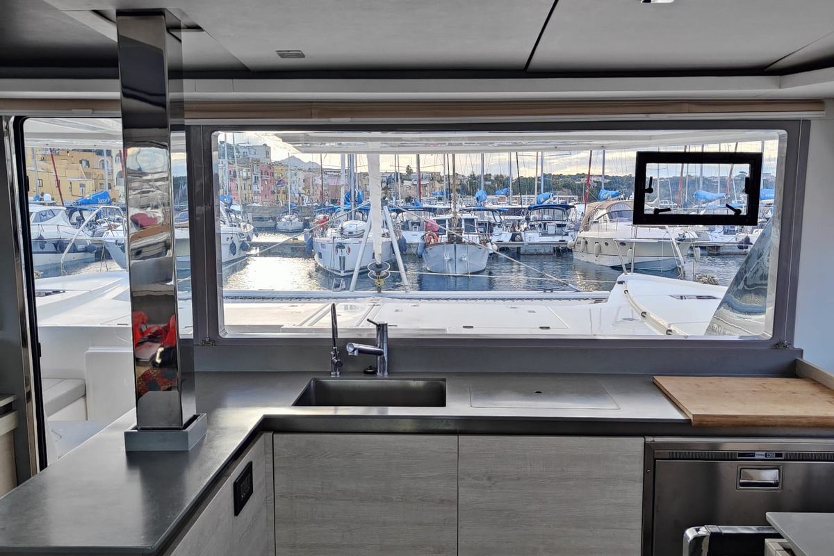 Galley of La Suerte, a Leopard 50 catamaran at Procida, Italy