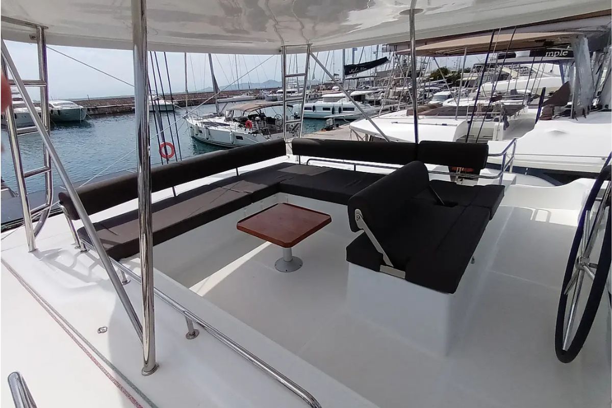 Deck of Errant Vagabond, a Lagoon 51 catamaran at Municipal Unit of Palairos, Greece