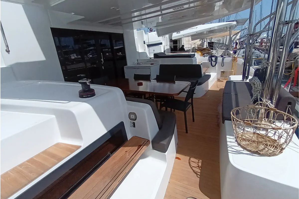 Deck of Errant Vagabond, a Lagoon 51 catamaran at Municipal Unit of Palairos, Greece