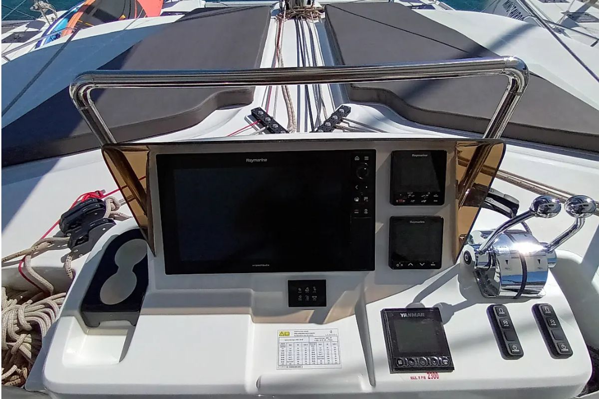 Cockpit of Errant Vagabond, a Lagoon 51 catamaran at Municipal Unit of Palairos, Greece