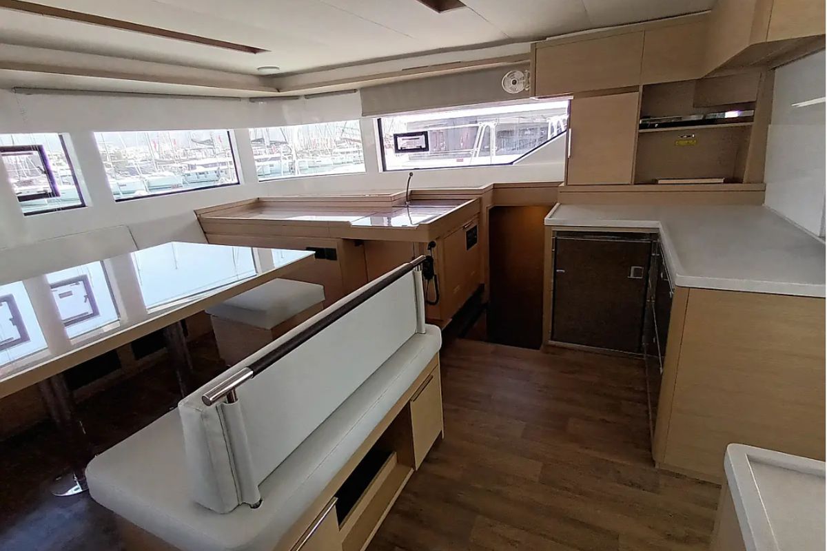 Salon of Errant Vagabond, a Lagoon 51 catamaran at Municipal Unit of Palairos, Greece