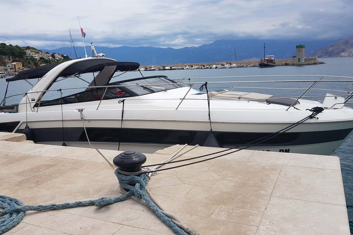 Exterior view of Rhea, a Bavaria Sport 400 Open yacht at Punat, Croatia