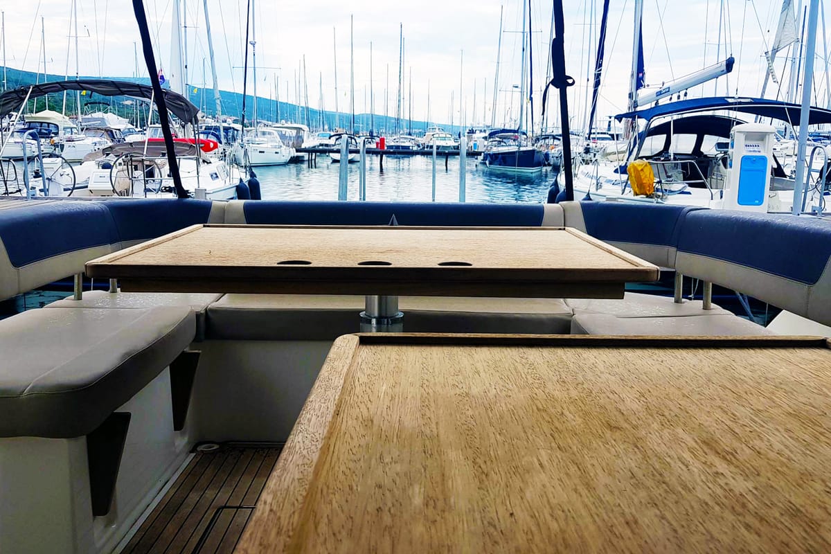Deck of Rhea, a Bavaria Sport 400 Open yacht at Punat, Croatia