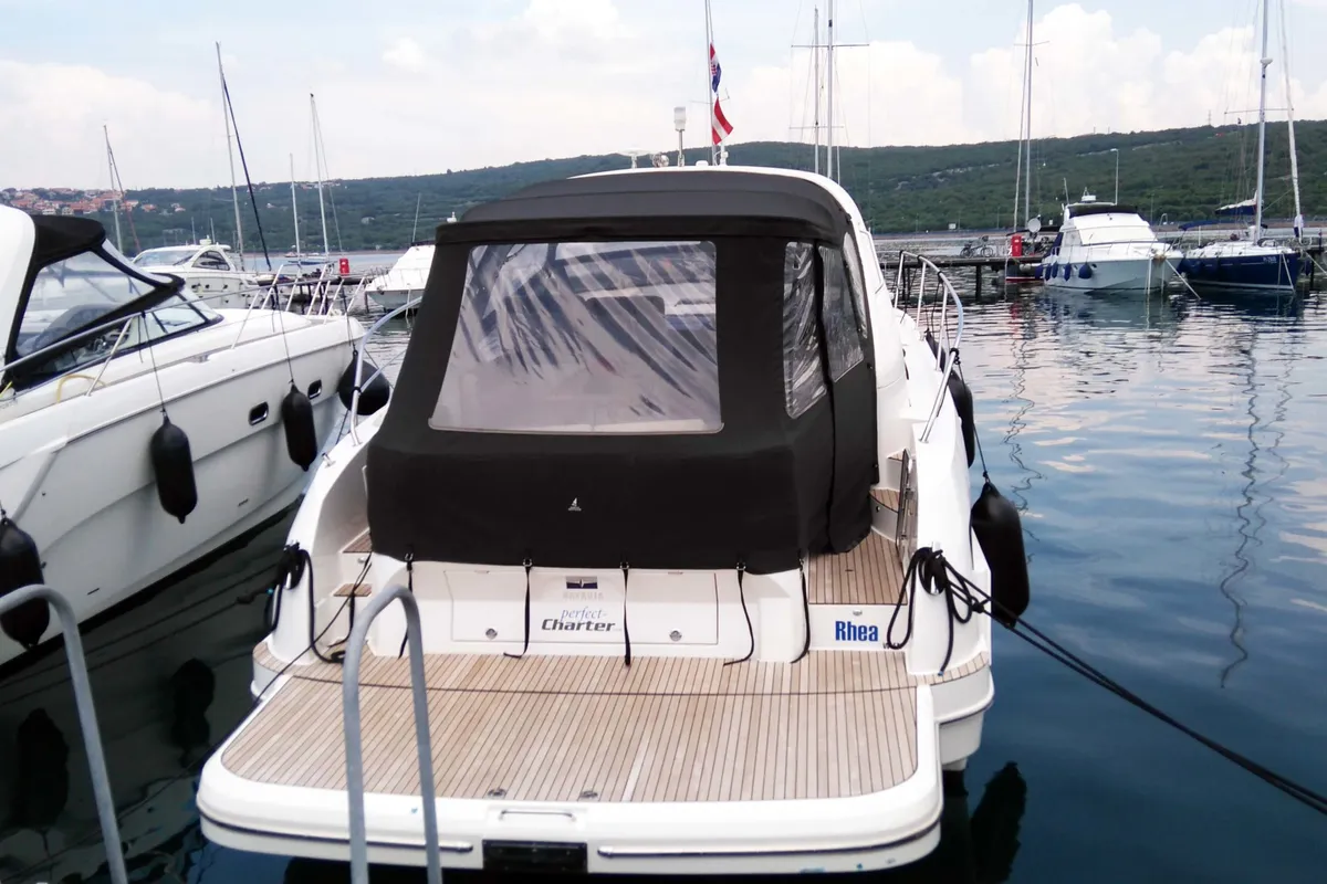 Exterior view of Rhea, a Bavaria Sport 400 Open yacht at Punat, Croatia