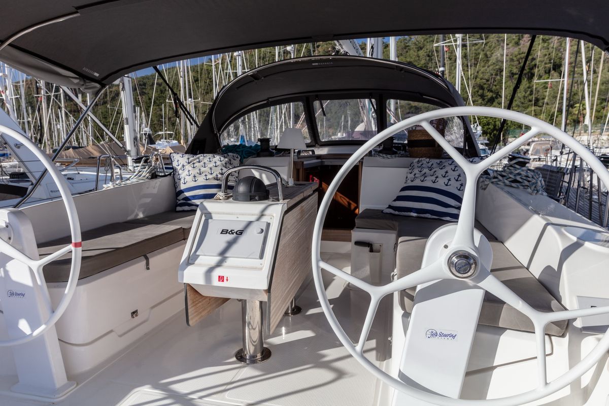 Cockpit of Trinity, a Bavaria 46 Cruiser sailboat at Marmaris, Turkey