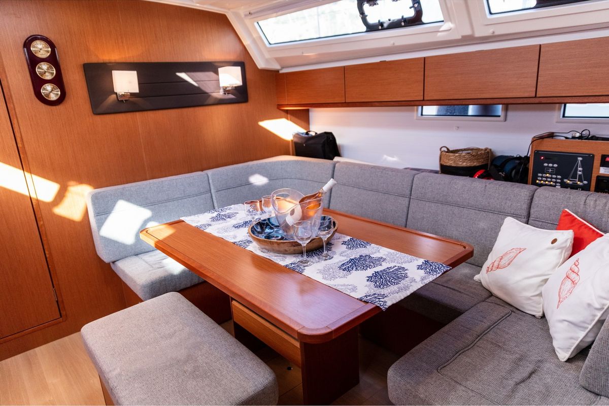 Salon of Trinity, a Bavaria 46 Cruiser sailboat at Marmaris, Turkey