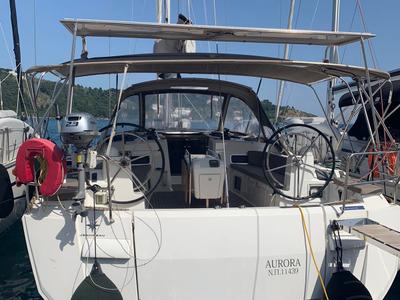 Cockpit of Aurora, a Jeanneau Sun Odyssey 519 sailboat at Skiathos, Greece