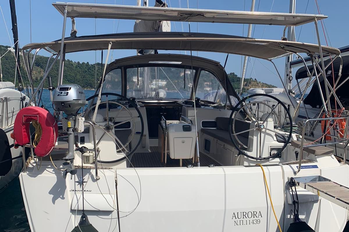 Cockpit of Aurora, a Jeanneau Sun Odyssey 519 sailboat at Skiathos, Greece