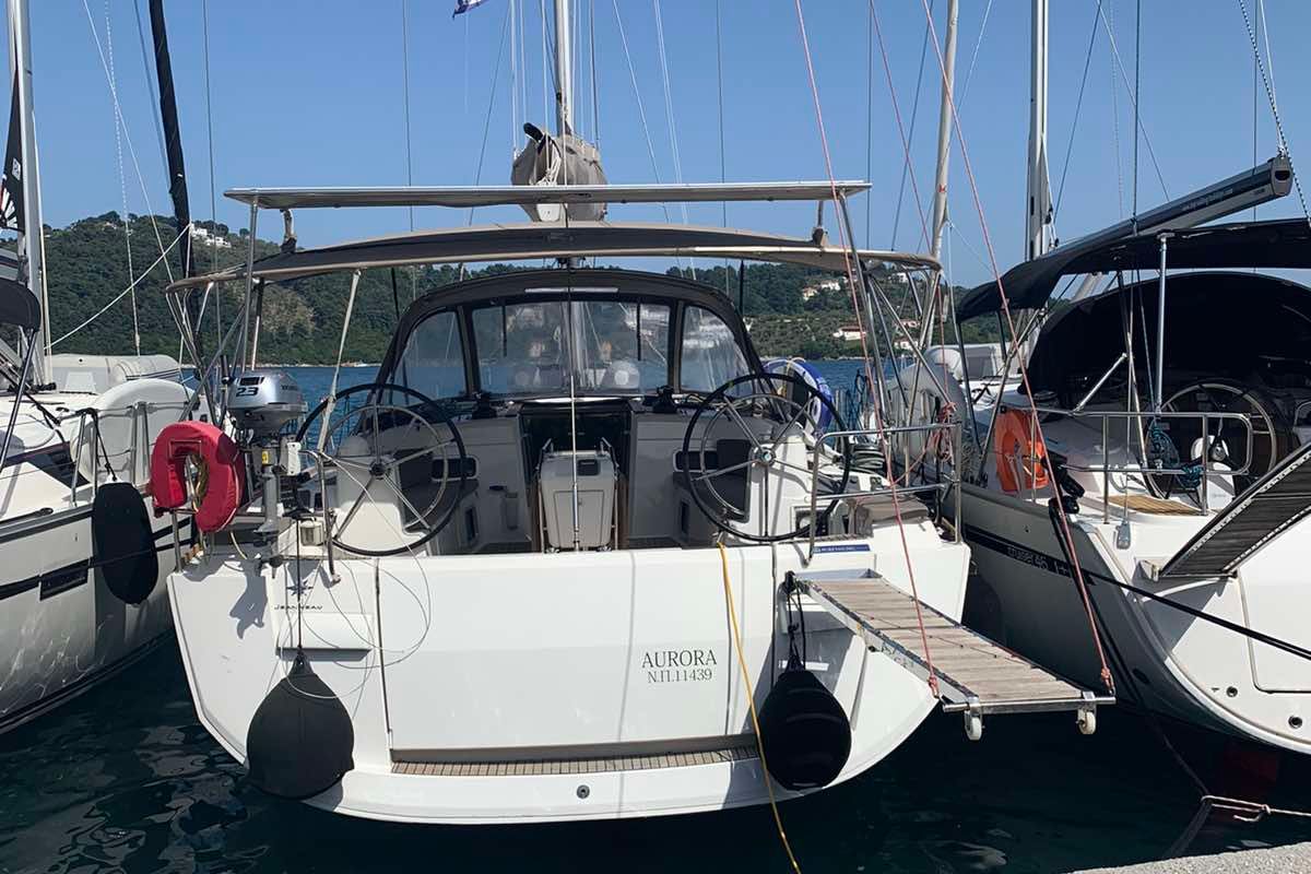 Exterior view of Aurora, a Jeanneau Sun Odyssey 519 sailboat at Skiathos, Greece