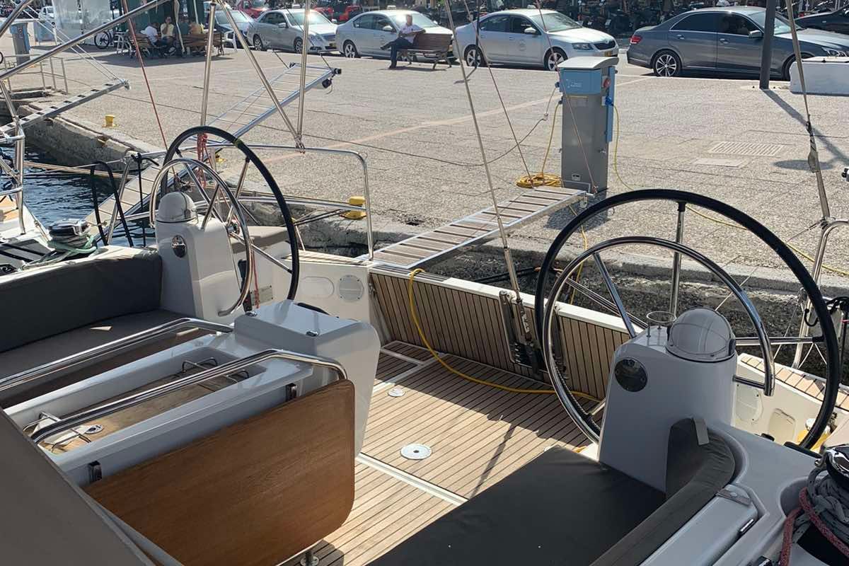 Cockpit of Aurora, a Jeanneau Sun Odyssey 519 sailboat at Skiathos, Greece