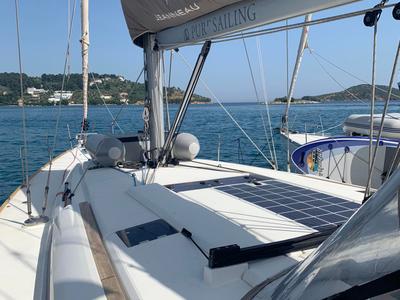 Deck of Aurora, a Jeanneau Sun Odyssey 519 sailboat at Skiathos, Greece