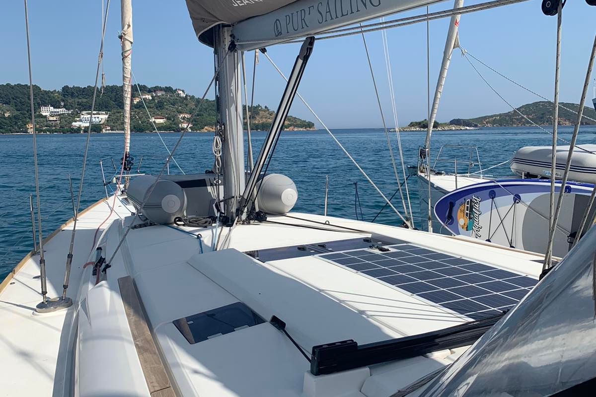 Deck of Aurora, a Jeanneau Sun Odyssey 519 sailboat at Skiathos, Greece