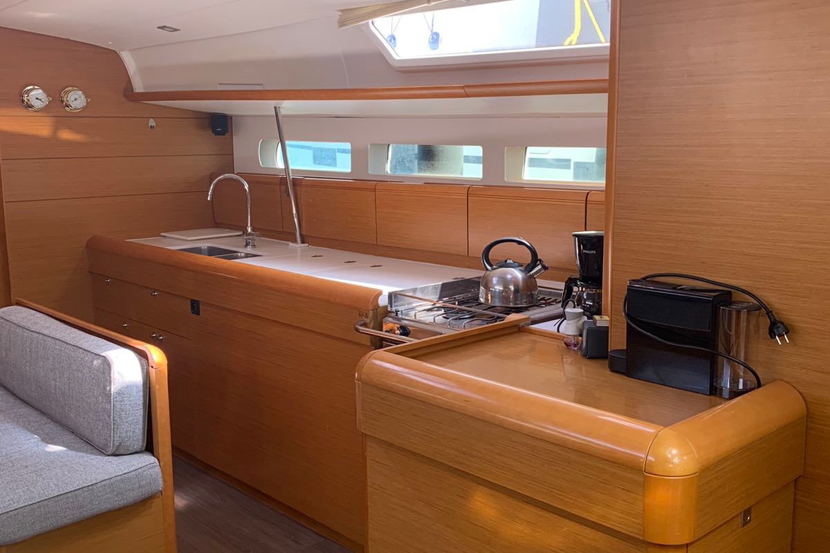 Galley of Aurora, a Jeanneau Sun Odyssey 519 sailboat at Skiathos, Greece