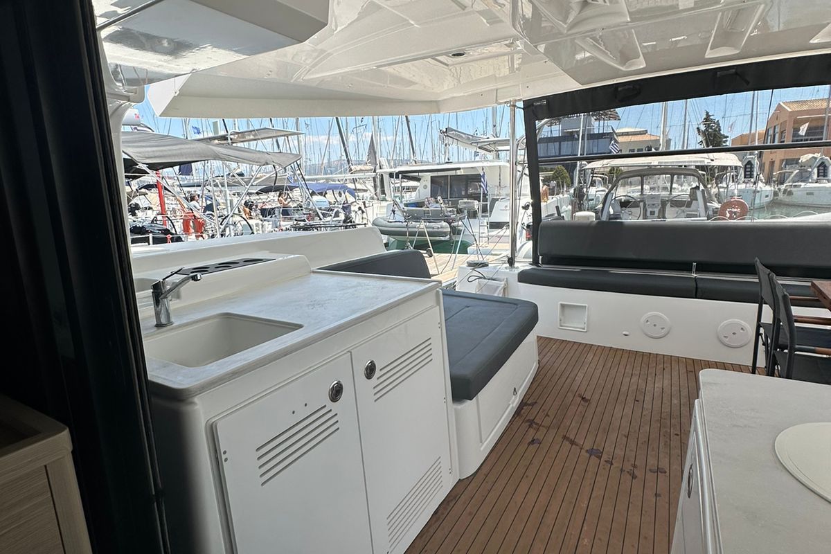 Deck of Cass, a Lagoon 46 catamaran at Municipal Unit of Lefkada, Greece