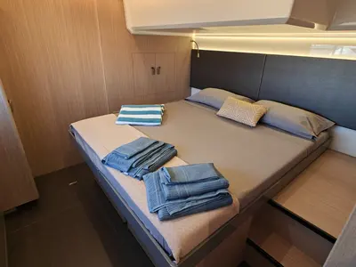 Cabin on Italia IV, a Prestige M48 motorboat at Salerno, Italy
