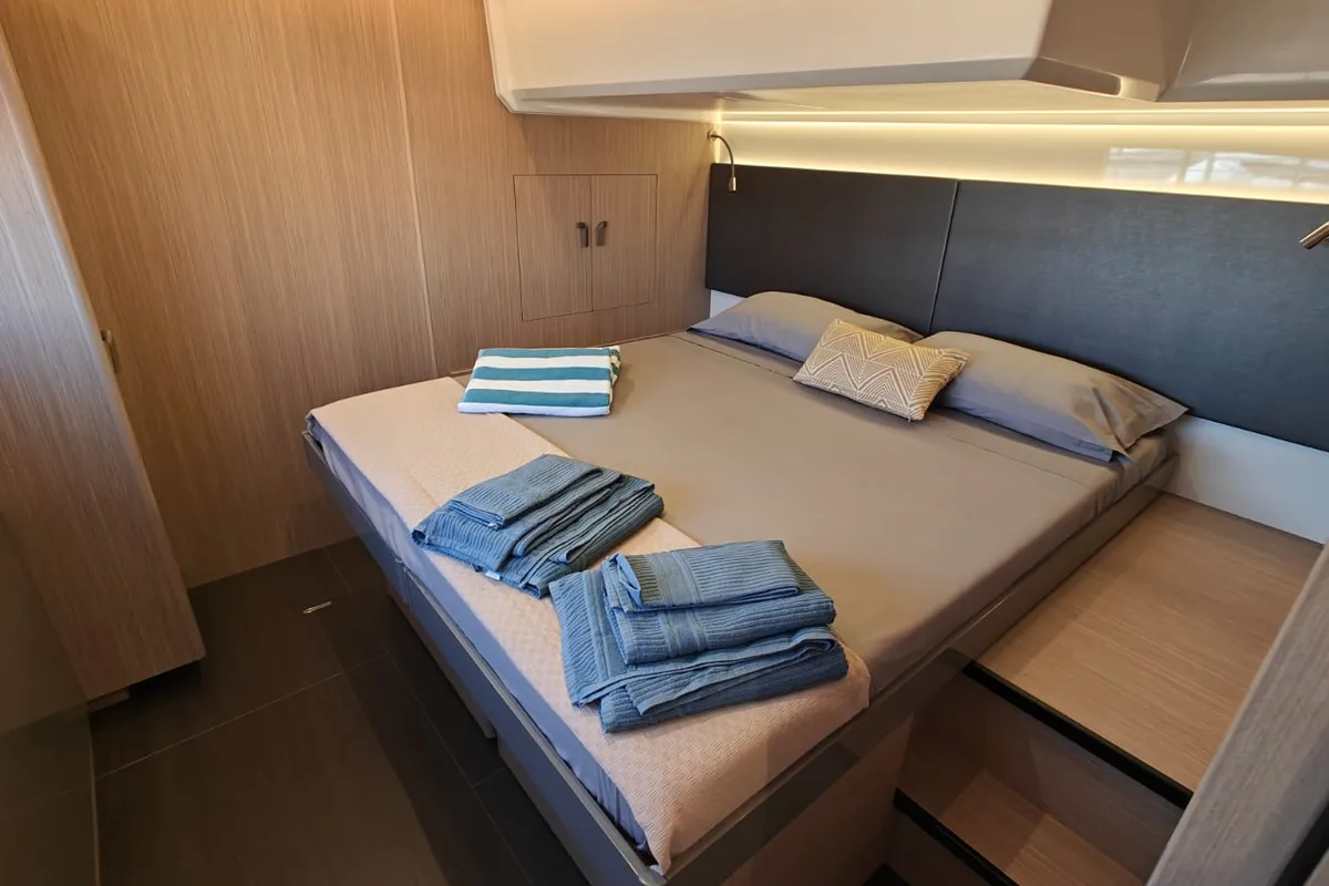Cabin on Italia IV, a Prestige M48 motorboat at Salerno, Italy