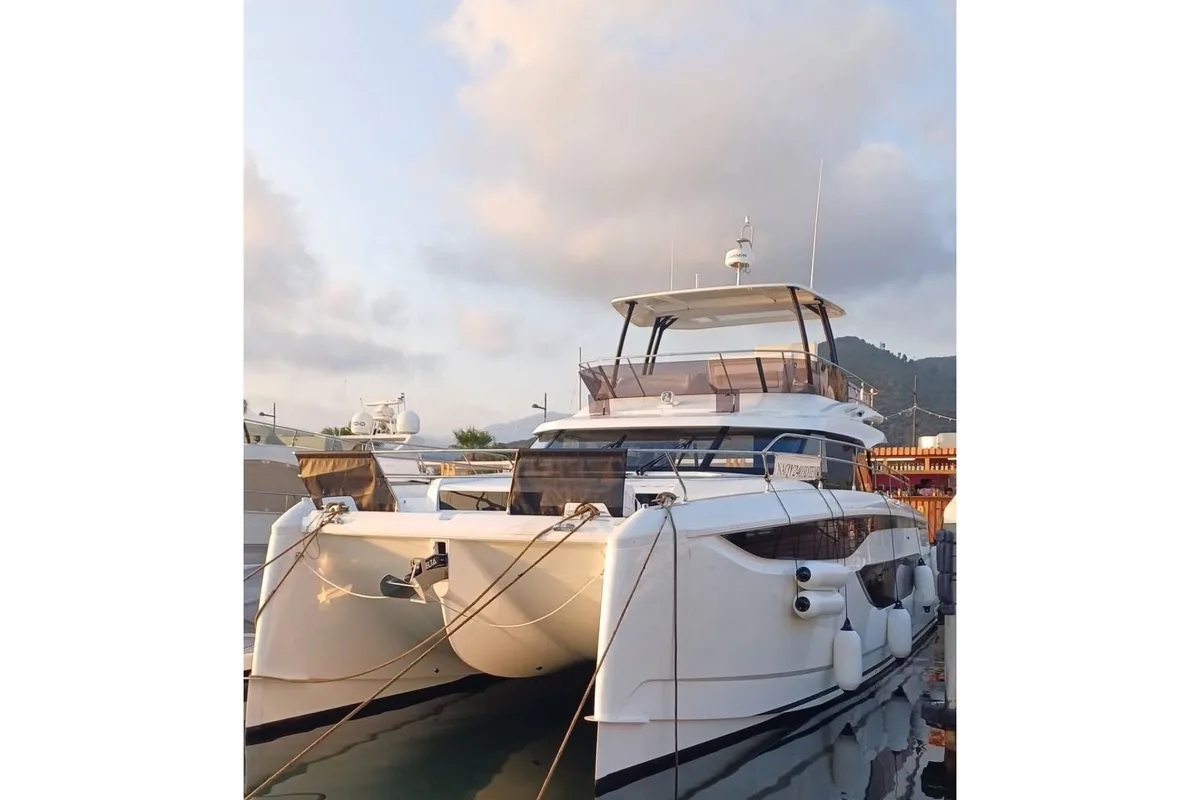 Exterior view of Italia IV, a Prestige M48 motorboat at Salerno, Italy