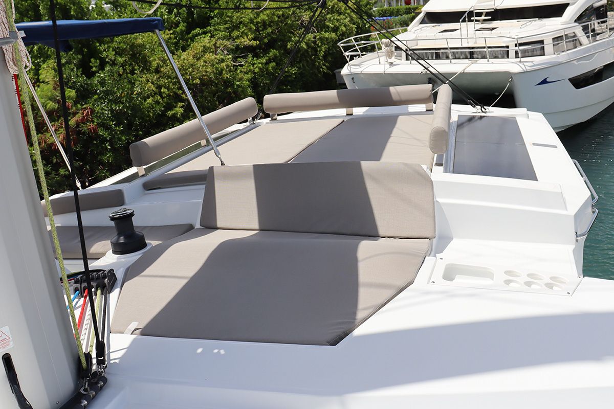 Deck of Dorothea, a Bali 4.2 OW catamaran at Road Town, British Virgin Islands