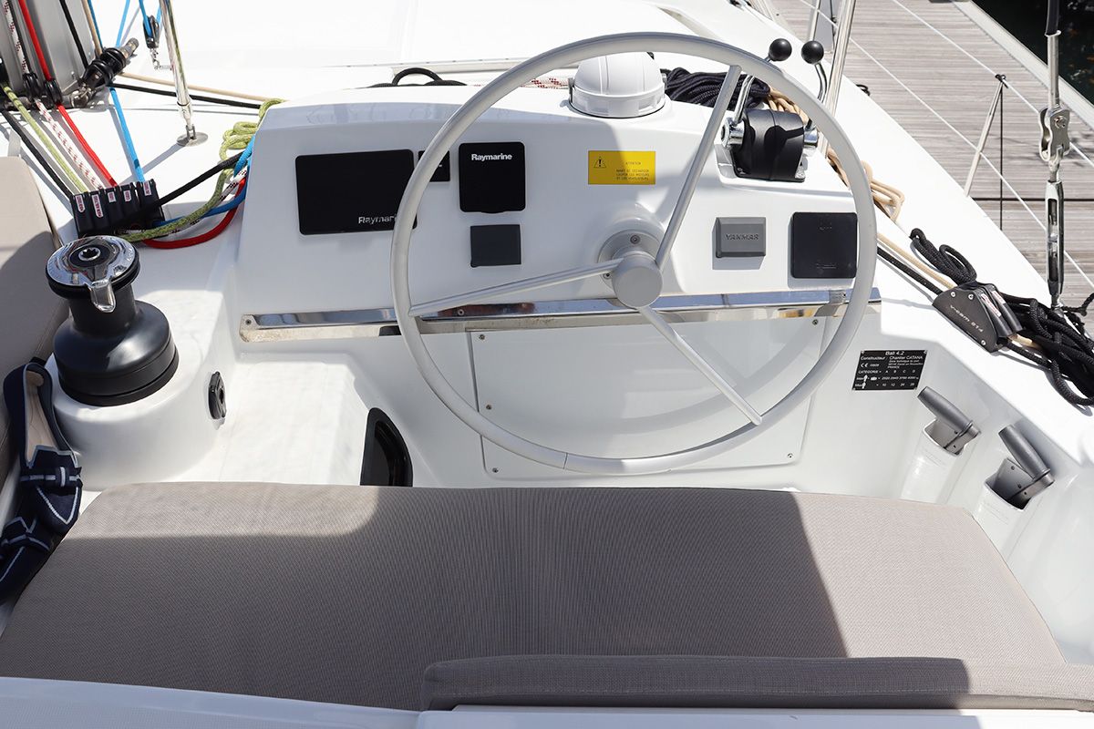 Cockpit of Dorothea, a Bali 4.2 OW catamaran at Road Town, British Virgin Islands