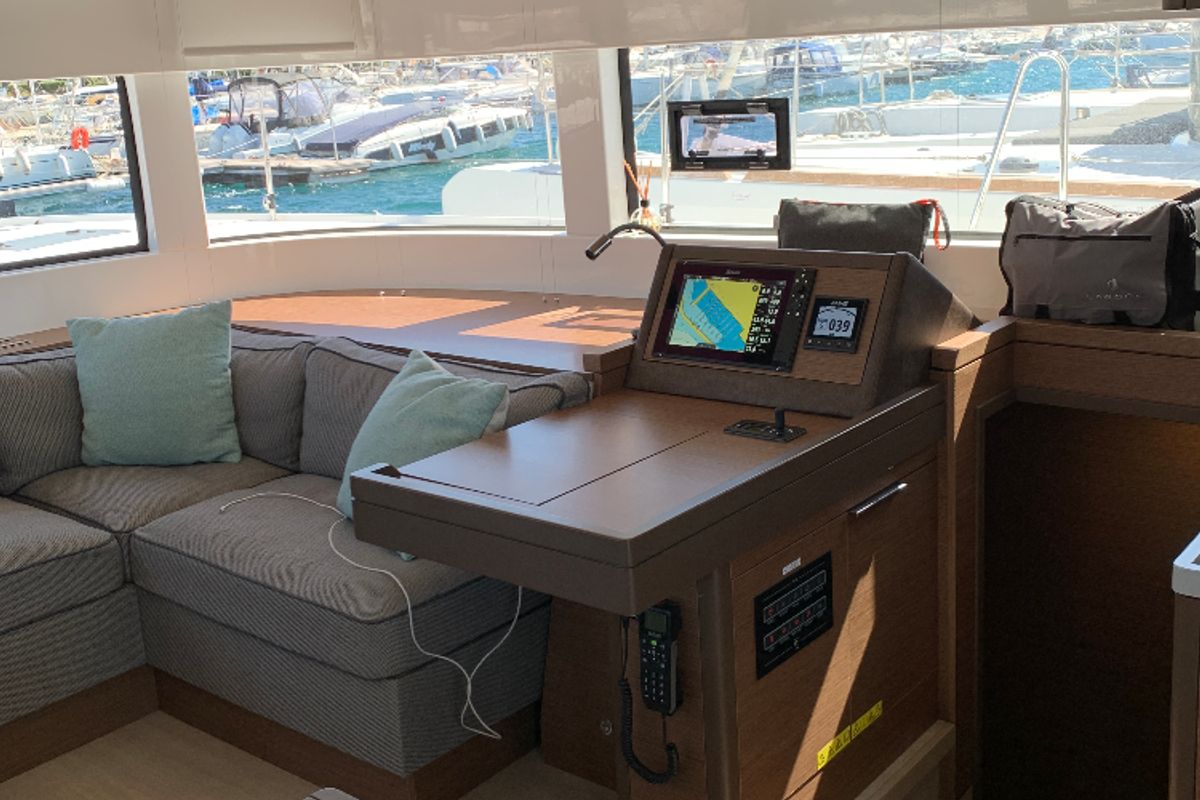 Cockpit of Alaia, a Lagoon 50 catamaran at Ventimiglia, Italy