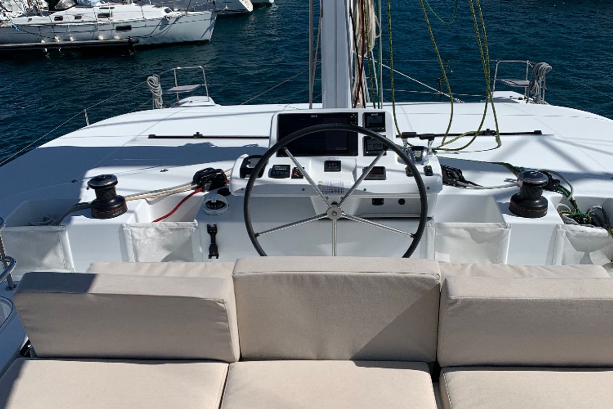 Cockpit of Alaia, a Lagoon 50 catamaran at Ventimiglia, Italy