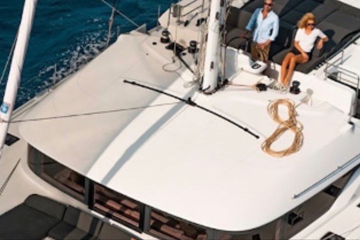 Deck of Alaia, a Lagoon 50 catamaran at Ventimiglia, Italy
