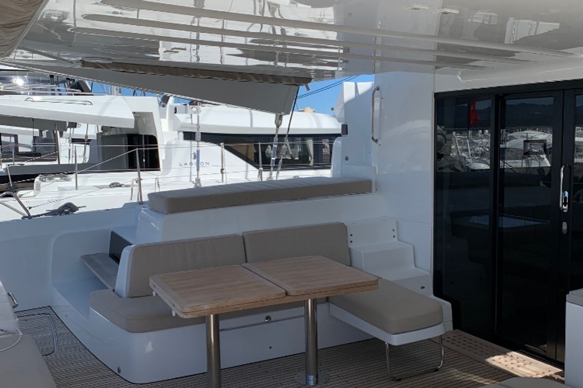 Deck of Alaia, a Lagoon 50 catamaran at Ventimiglia, Italy