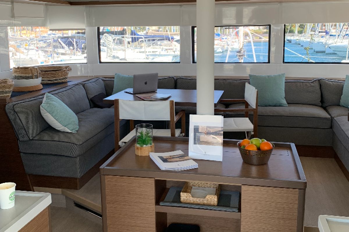Salon of Alaia, a Lagoon 50 catamaran at Ventimiglia, Italy