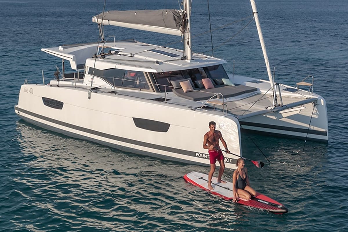 Exterior view of Ares X, a Fountaine Pajot Isla 40 catamaran at Marmaris, Turkey