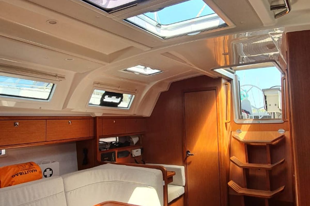 Exterior view of Surya, a Bavaria Cruiser 41 sailboat at Olbia, Italy