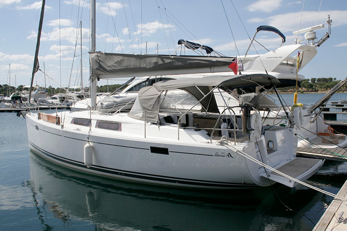 Exterior view of Ariel, a Hanse Yachts Hanse 385 sailboat at Grad Šibenik, Croatia