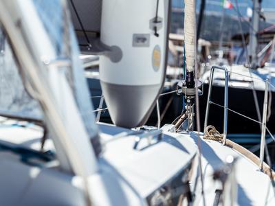 Deck of Marta, a Beneteau Oceanis 38 sailboat at Olbia, Italy