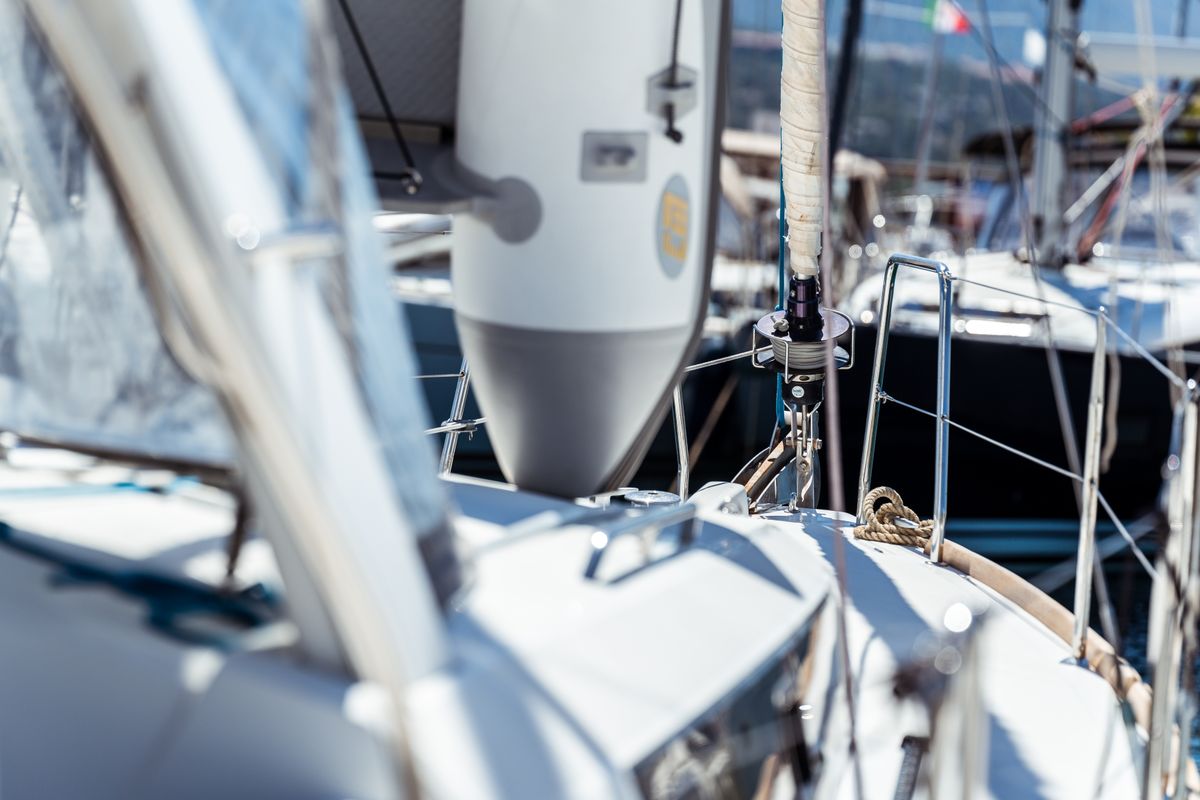 Deck of Marta, a Beneteau Oceanis 38 sailboat at Olbia, Italy