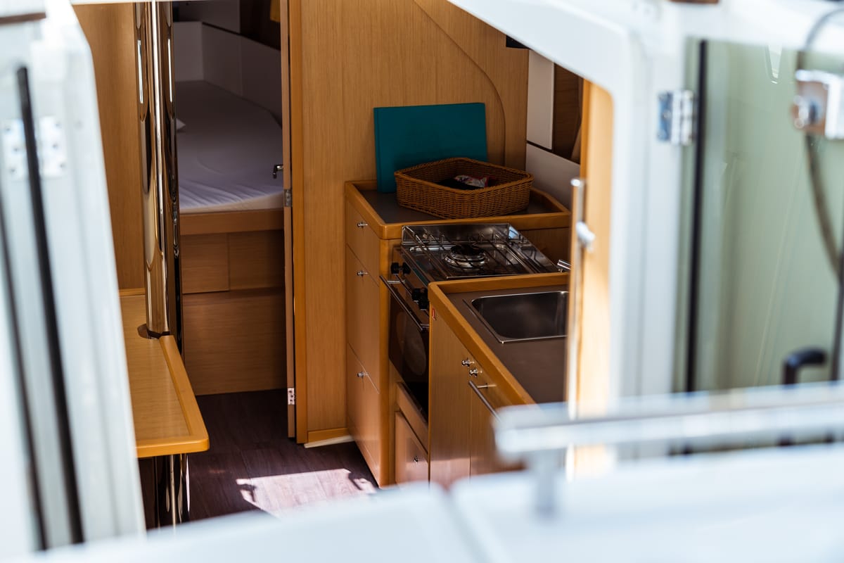 Galley of Marta, a Beneteau Oceanis 38 sailboat at Olbia, Italy