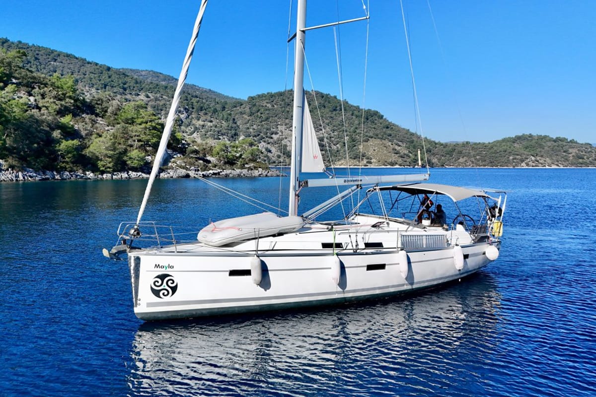 Exterior view of Mayla, a Bavaria Cruiser 40 sailboat at Fethiye, Turkey