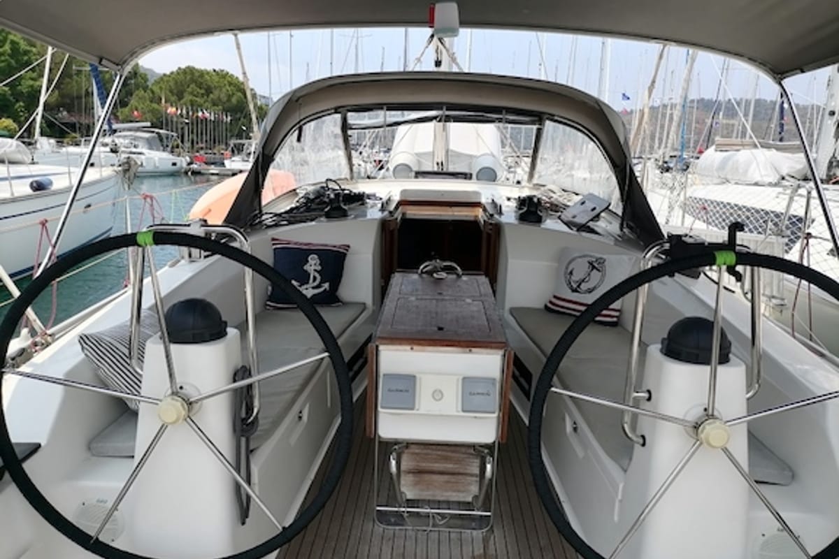 Cockpit of Mayla, a Bavaria Cruiser 40 sailboat at Fethiye, Turkey