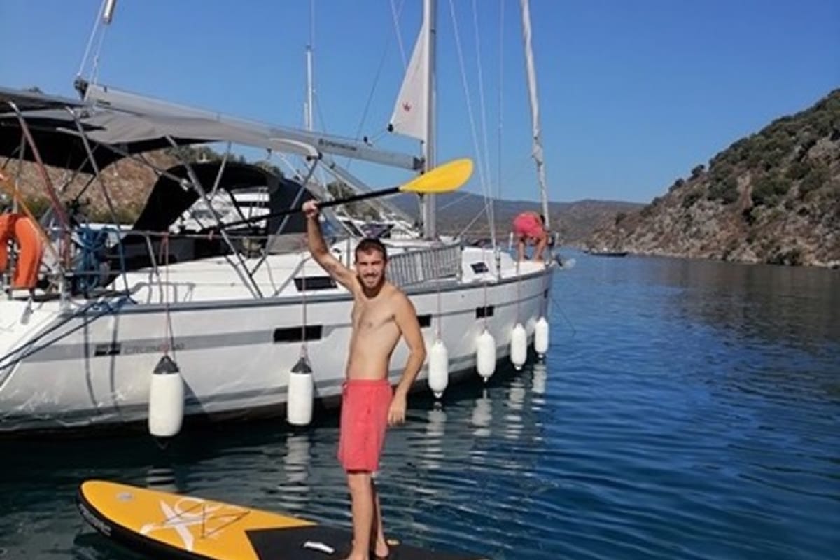 Exterior view of Mayla, a Bavaria Cruiser 40 sailboat at Fethiye, Turkey