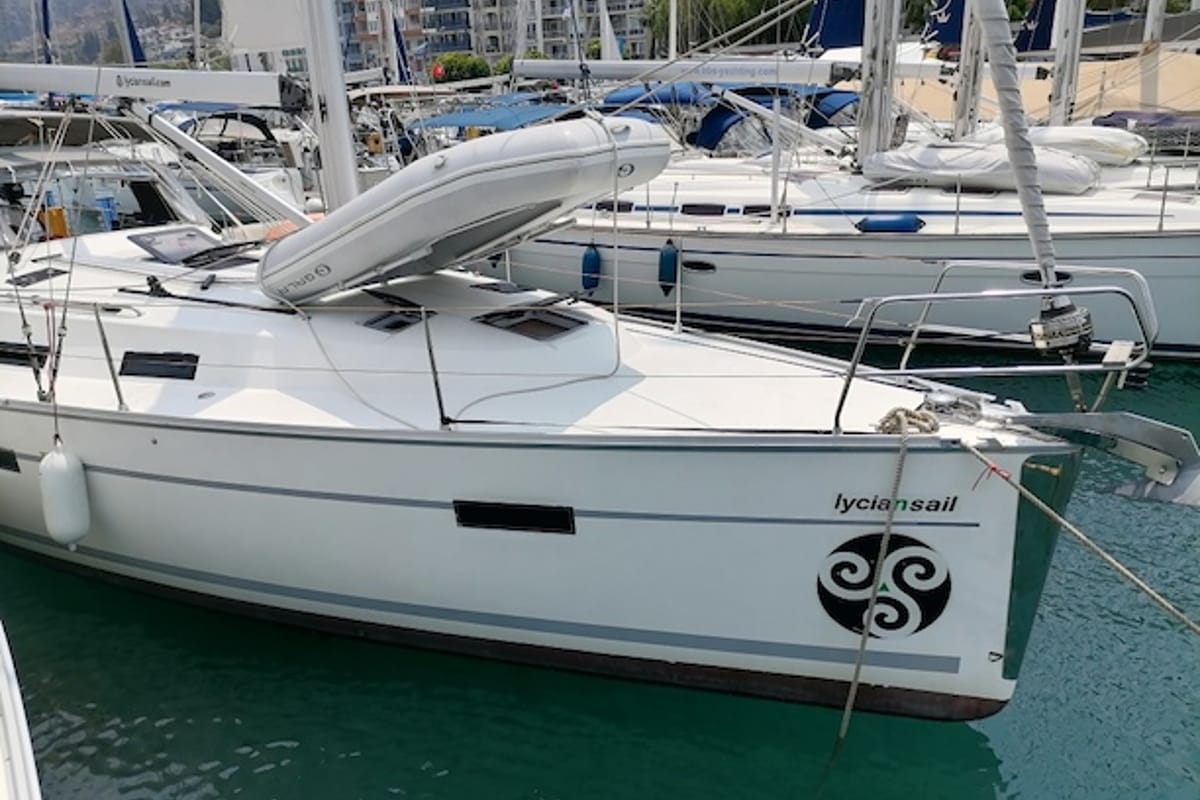Exterior view of Mayla, a Bavaria Cruiser 40 sailboat at Fethiye, Turkey