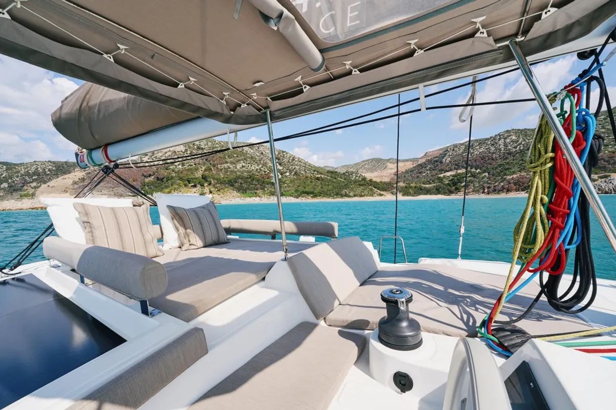 Deck of Premium, a Bali 4.2 catamaran at Sant Antoni de Portmany, Spain
