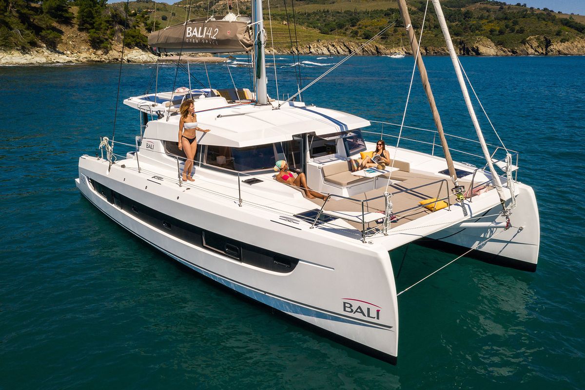 Exterior view of Premium, a Bali 4.2 catamaran at Sant Antoni de Portmany, Spain
