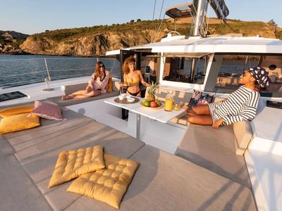 Deck of Premium, a Bali 4.2 catamaran at Sant Antoni de Portmany, Spain