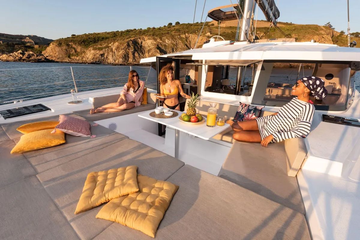 Deck of Premium, a Bali 4.2 catamaran at Sant Antoni de Portmany, Spain