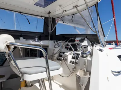Cockpit of Tongaroa, a Leopard 44 catamaran at el Masnou, Spain