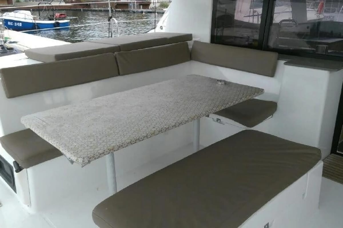 Deck of Fleur De Sel, a Fountaine Pajot Helia 44 catamaran at Cogolin, France