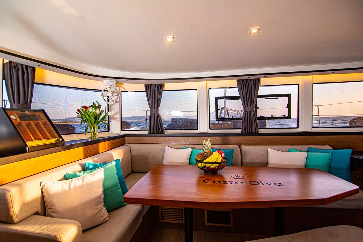 Salon of Casta Diva Vip-Equipped, a Lagoon 42 catamaran at Preveza, Greece