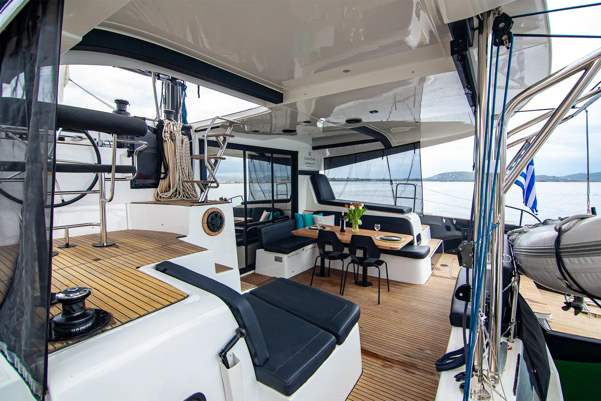 Deck of Casta Diva Vip-Equipped, a Lagoon 42 catamaran at Preveza, Greece