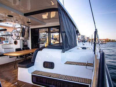 Deck of Casta Diva Vip-Equipped, a Lagoon 42 catamaran at Preveza, Greece