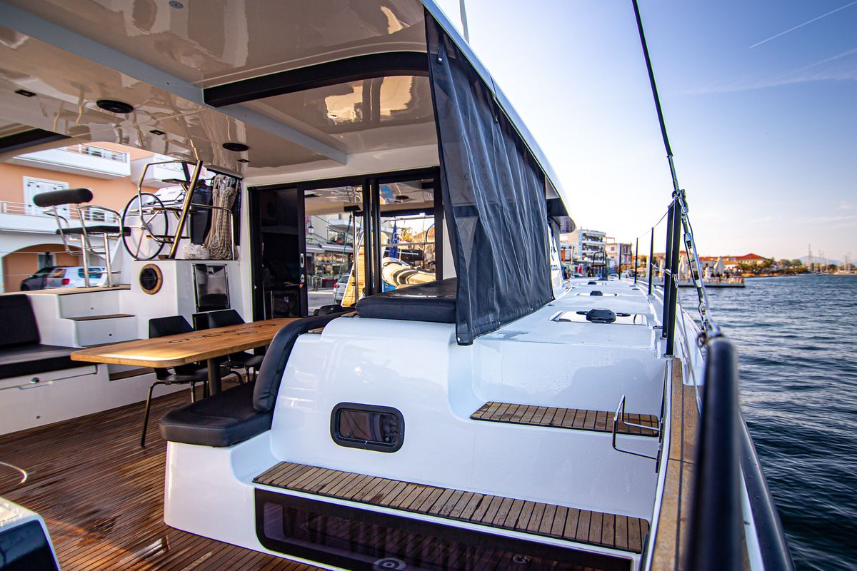 Deck of Casta Diva Vip-Equipped, a Lagoon 42 catamaran at Preveza, Greece